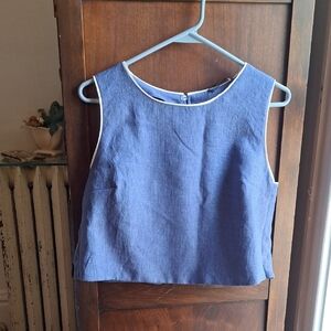 Lulumari Woman's Size Med Heather Blue Half Blouse W Piping And Bows In Back